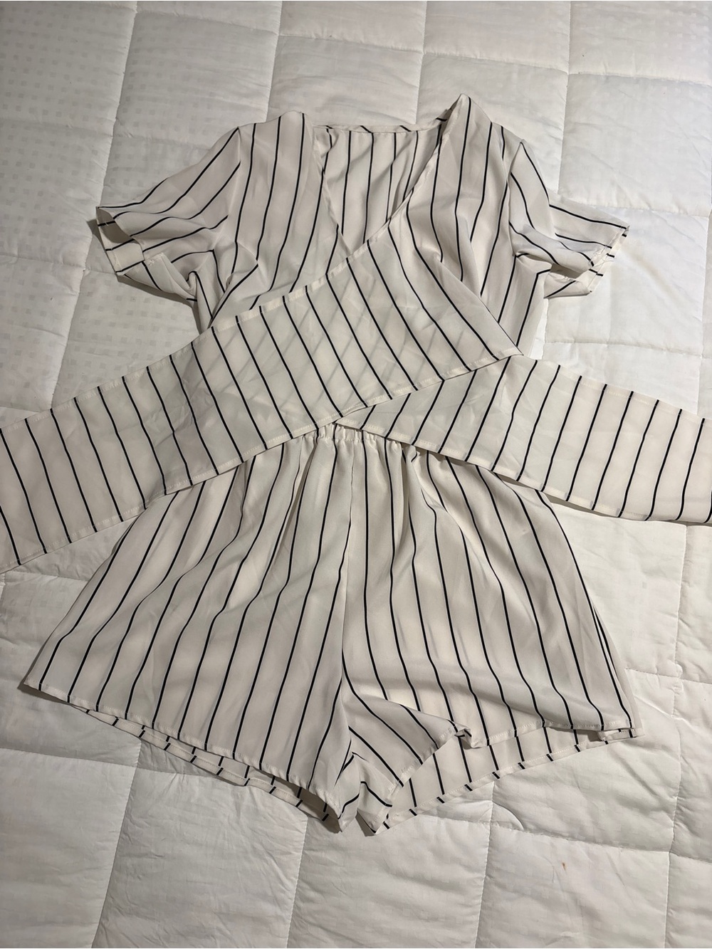Striped White & Black Wrap Twist Tie front Romper